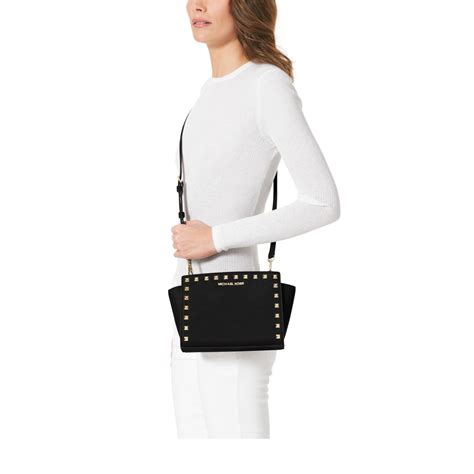 michael kors selma stud medium messenger black saffiano|Selma Medium Saffiano Leather Messenger Bag .